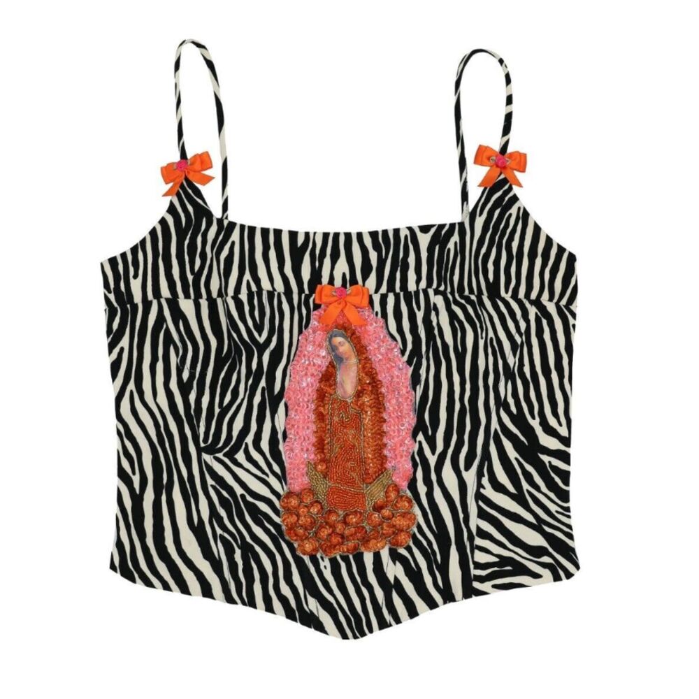 Zebra Print Cami Top Sequin Beaded Boho Festival Y2K Bow Straps Womens Size M